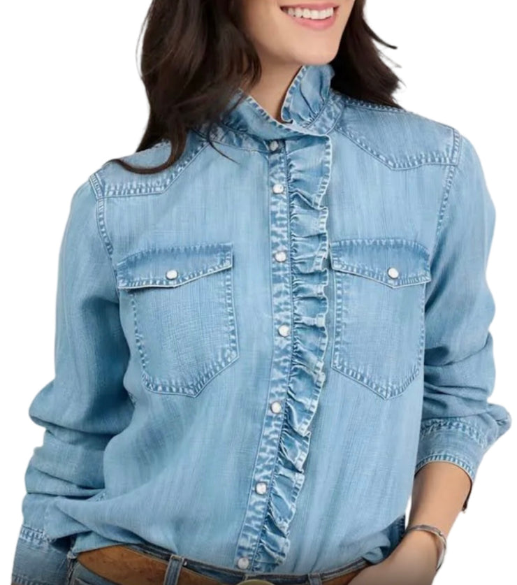 Denim Ruffled Snap Shirt