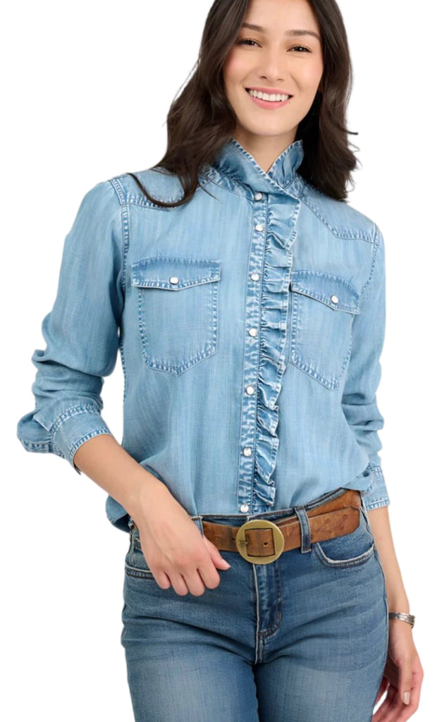 Denim Ruffled Snap Shirt