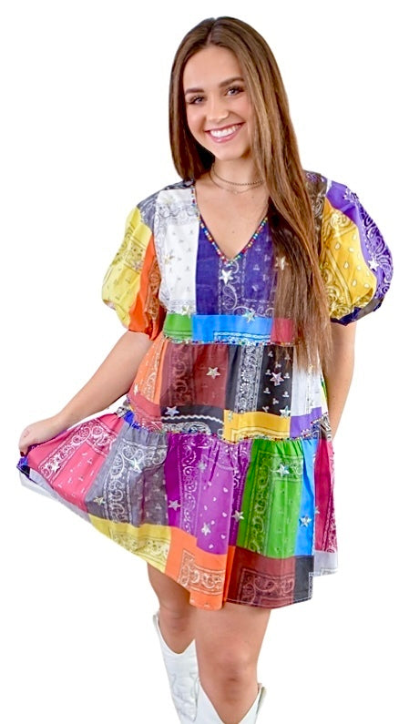 Rainbow Bandana Cotton Dress W/ Stars