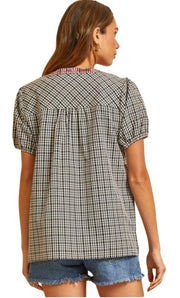 Short Sleeve Gingham Embrodiered Top