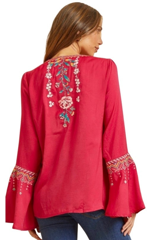 Vneck Embrodiered Top w/ Bell Sleeves