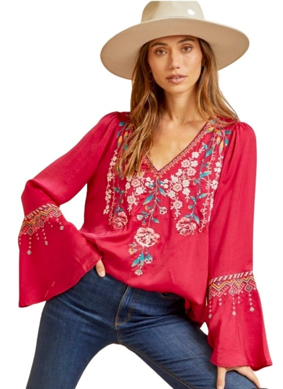 Vneck Embrodiered Top w/ Bell Sleeves