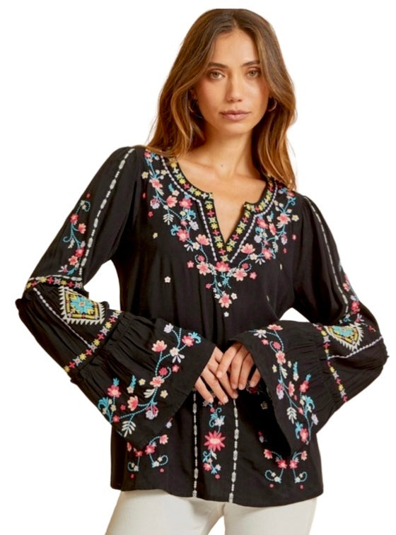 Embrodiered Vneck Bell Sleeve Top
