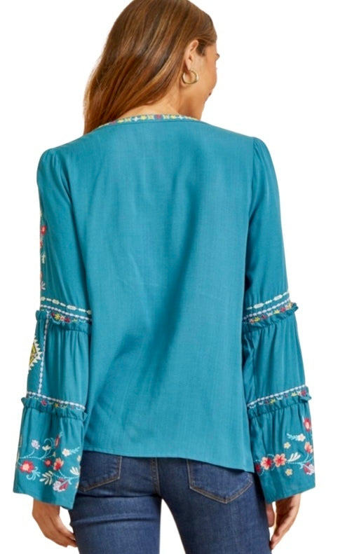 Embrodiered Vneck Bell Sleeve Top