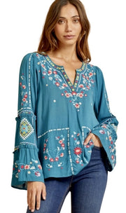 Embrodiered Vneck Bell Sleeve Top