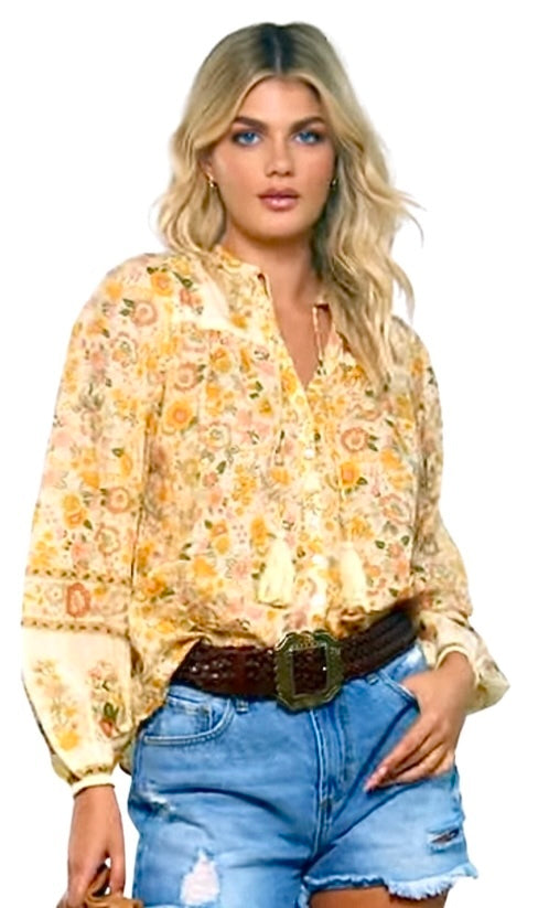 Long Sleeve Print Cotton Tie Neck Top