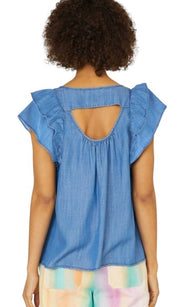 Chambray Flutter Short Sleeve Cut Out Back