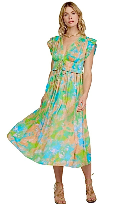 Pleated Flutter Sleeve Tie Neck Elastic Waist Dress