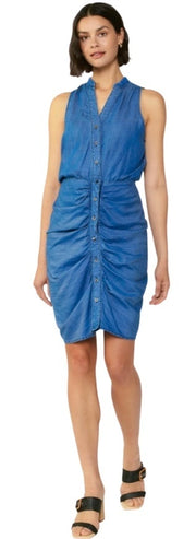 Chambray Sleeveless Button Front Ruched Dress