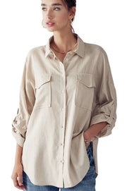 Oversized Pockets Button Up Linen Shirt