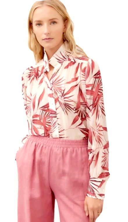 Shirred Print Button Up Blouse