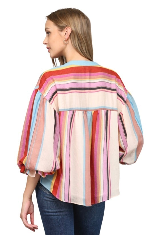 Multi Color Stripe Bubble Sleeve Blouse