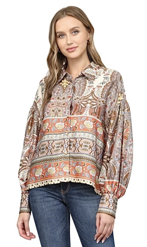 Border Print Button Down Blouse