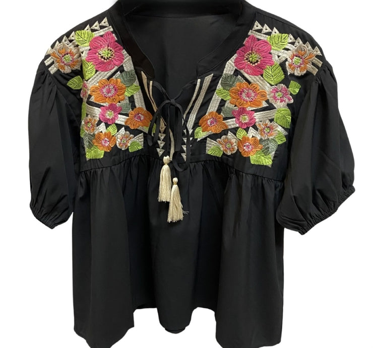 Short Sleeve Embroidered Tassel Top