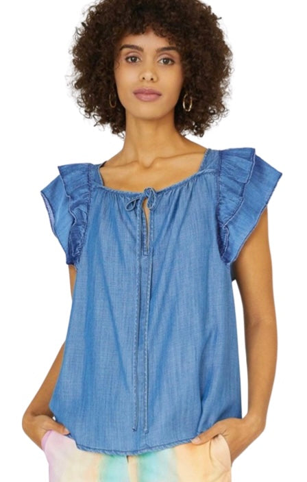 Chambray Flutter Short Sleeve Cut Out Back
