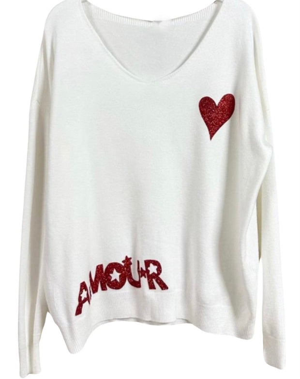 V-Neck L/S Heart Amour Shimmer Sweater
