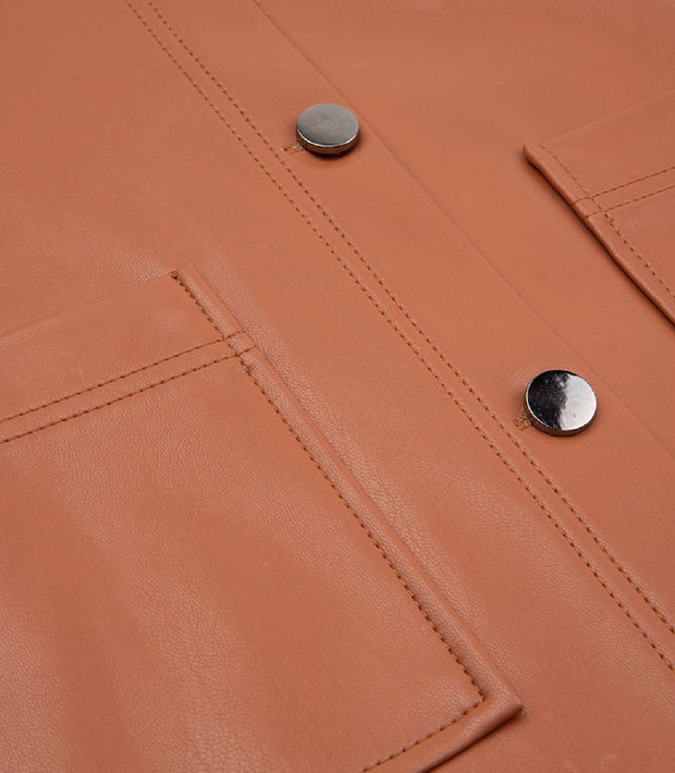 Faux Leather Button Front Jacket w/Collar
