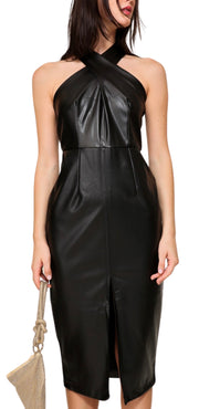 Cross Halter Vegan Leather Midi Dress
