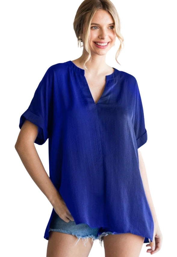 Solid Cuffed Short Sleeve Top