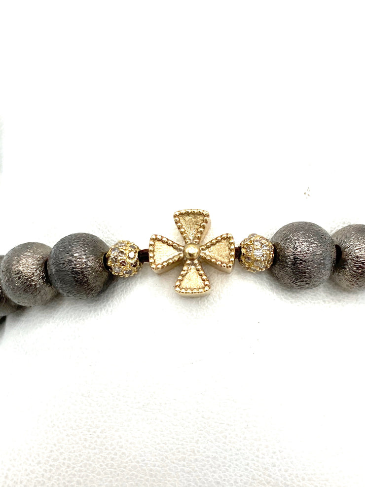 Rhodium Plated Copper Bead Bracelet with 14k Gold Maltese Cross &  2 Diamond Paved Balls - RainTree Boutique 